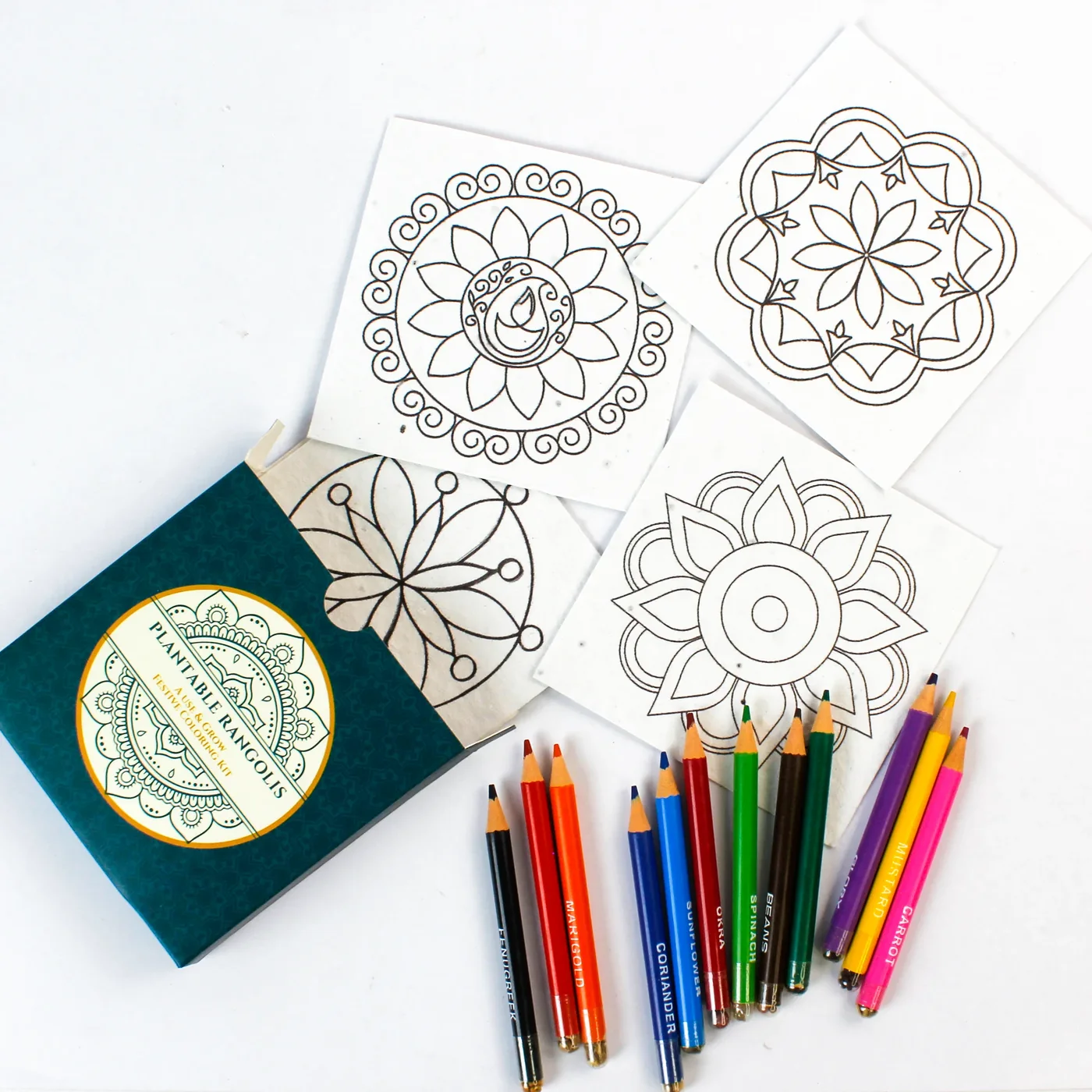 The Rangoli Colour Box opened from above, the seed-paper cards spilling out beside the twelve pencils