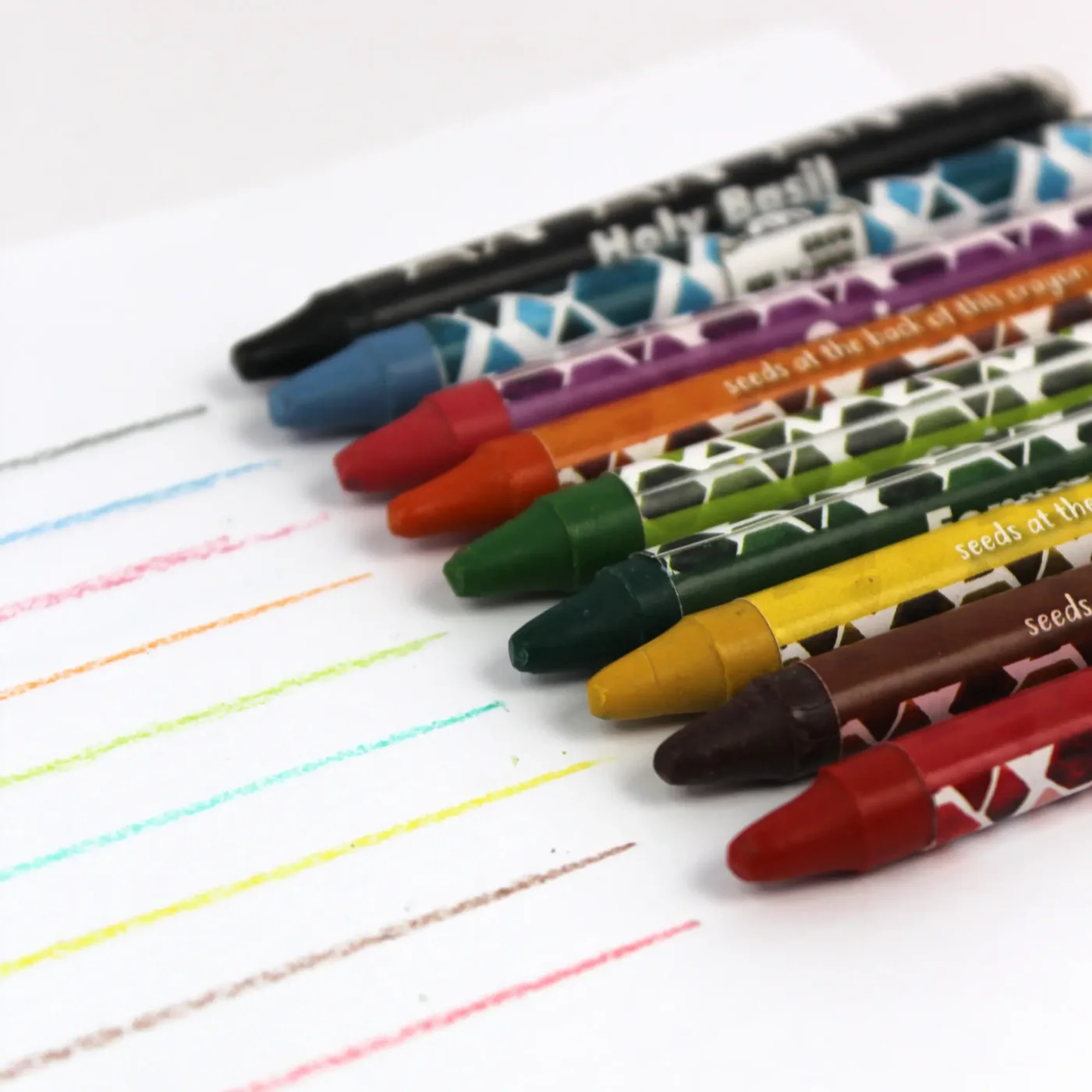 BG06 plantable wax crayons laid in a row beside lines drawn in each of their colours