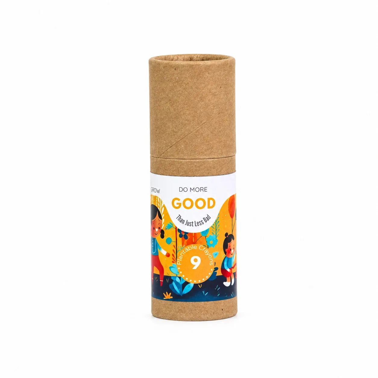 BG06 kraft paper tube with its printed Plantable Crayons 9 label, closed