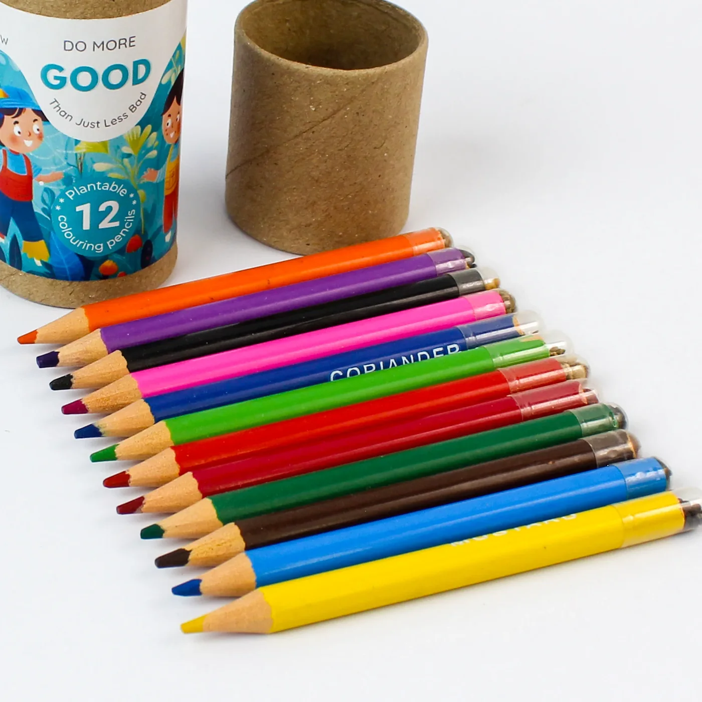 RG07 mini pencils fanned in front of their printed paper tube
