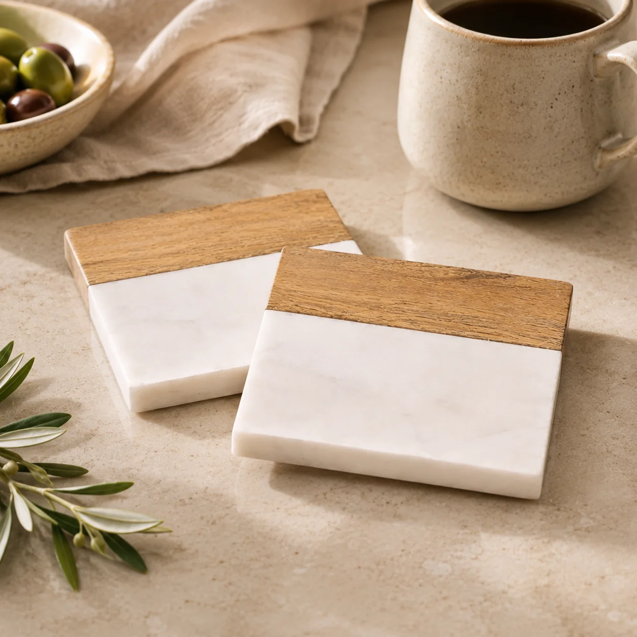 Two square marble and wood coasters in a table setting
