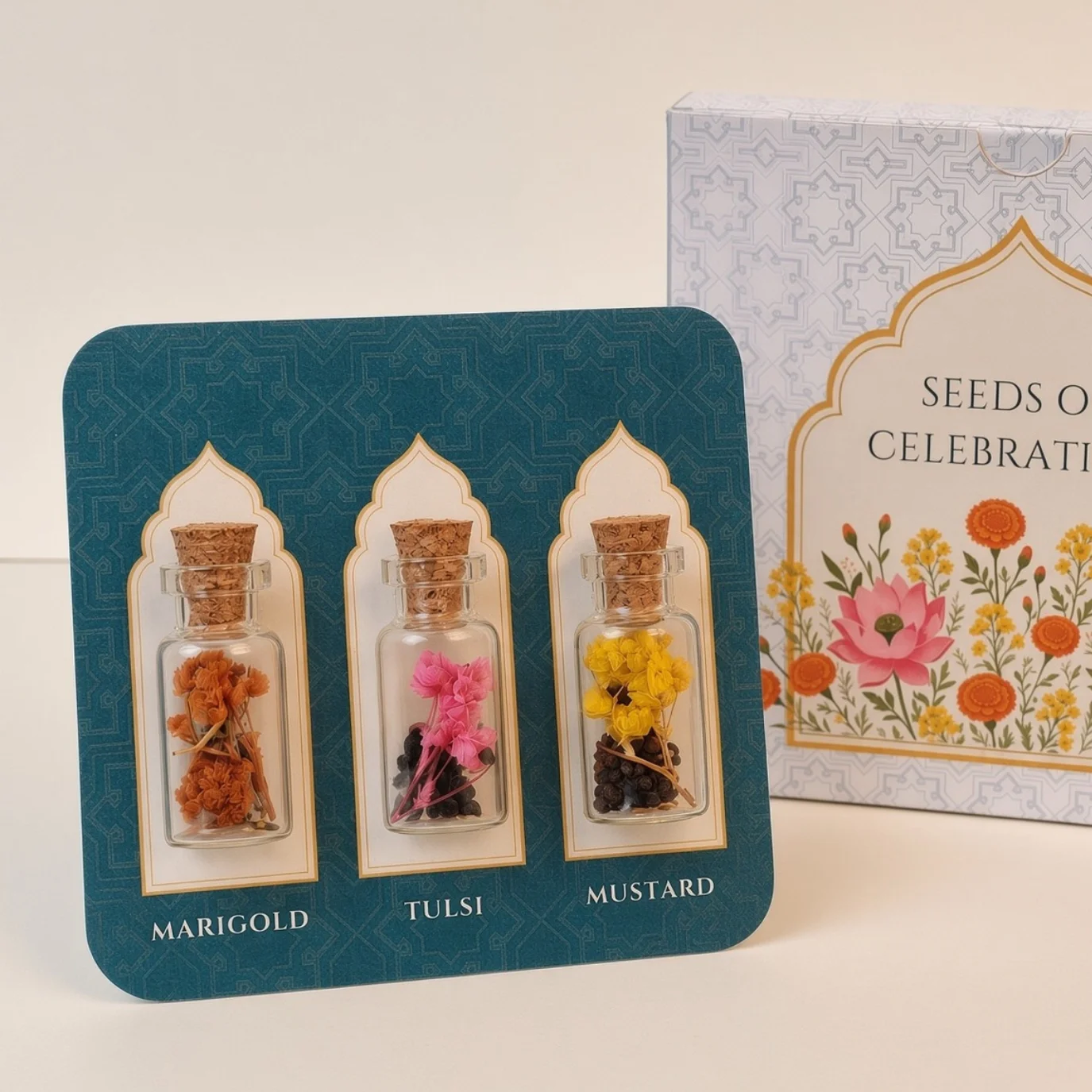 SS03-D marigold, mustard and tulsi seed bottles with a celebration card