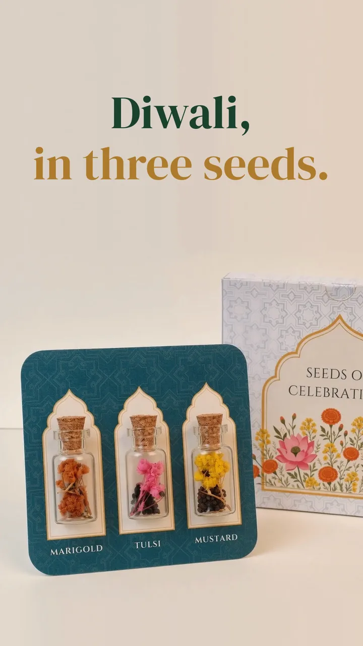 Opening frame of the film: the three seed vials on their card beside the Seeds of Celebration box, under the words Diwali, in three seeds.