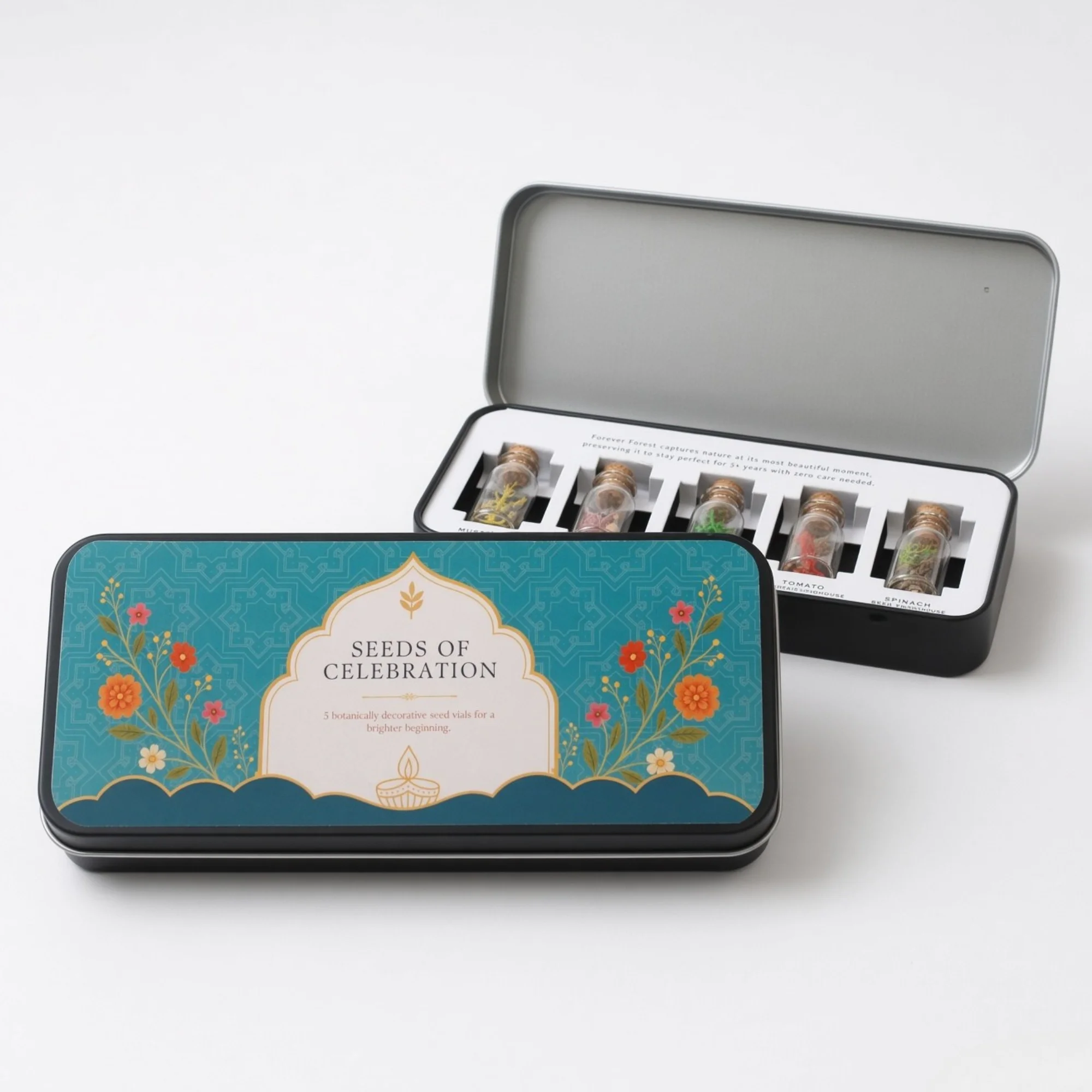 SS05-D festive tin with five glass seed bottles