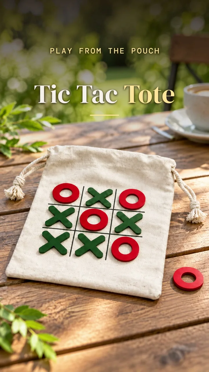 Opening frame of the film, a digitally styled scene: the cotton pouch with red rings and green crosses on a garden table, titled Tic Tac Tote.