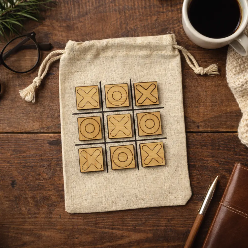 T3-B square X-and-O MDF pieces arranged on the pouch game board
