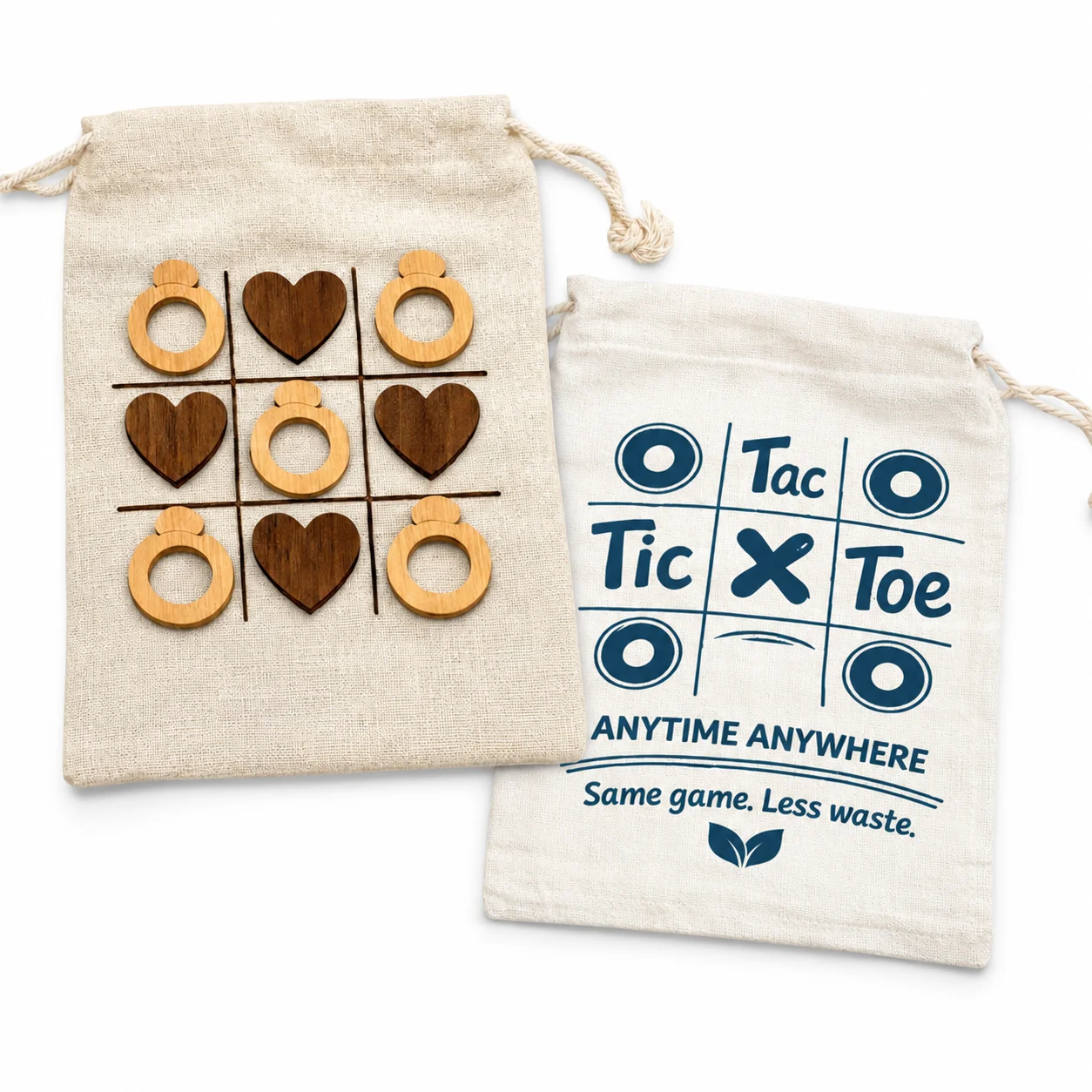 T3-C MDF heart-and-ring pieces on a cotton pouch game board