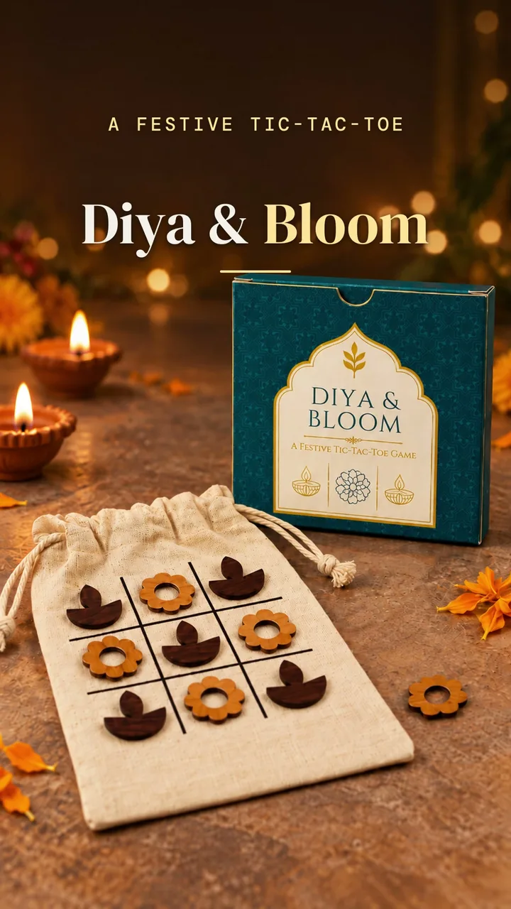 Opening frame of the film, a digitally styled scene: the Diya and Bloom box and pouch with diya and bloom pieces among diyas and marigolds, titled Diya & Bloom.
