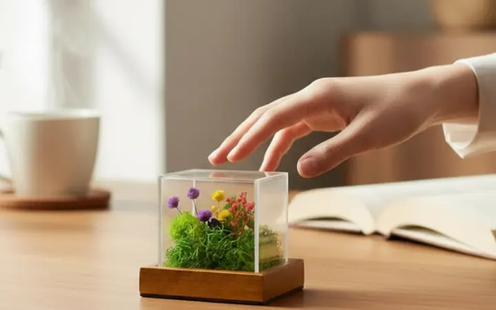 Forest Terrarium Cube of preserved moss under clear acrylic on a desk