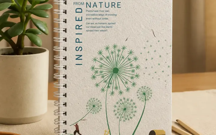 Plantable seed-paper notepad on a desk beside a plant
