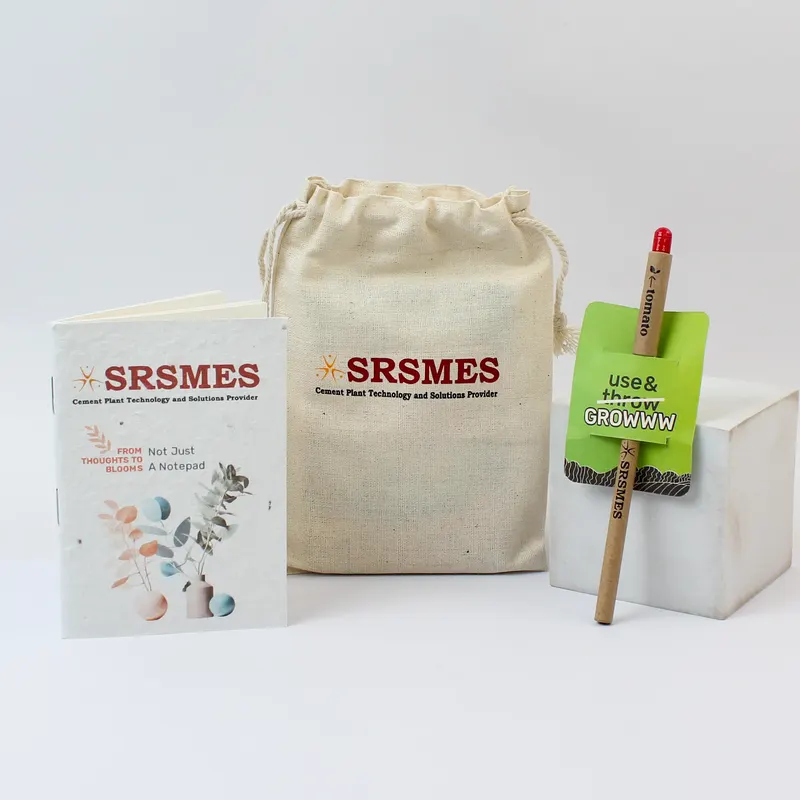 Branded plantable mini giveaway with notepad, pen and cotton bag