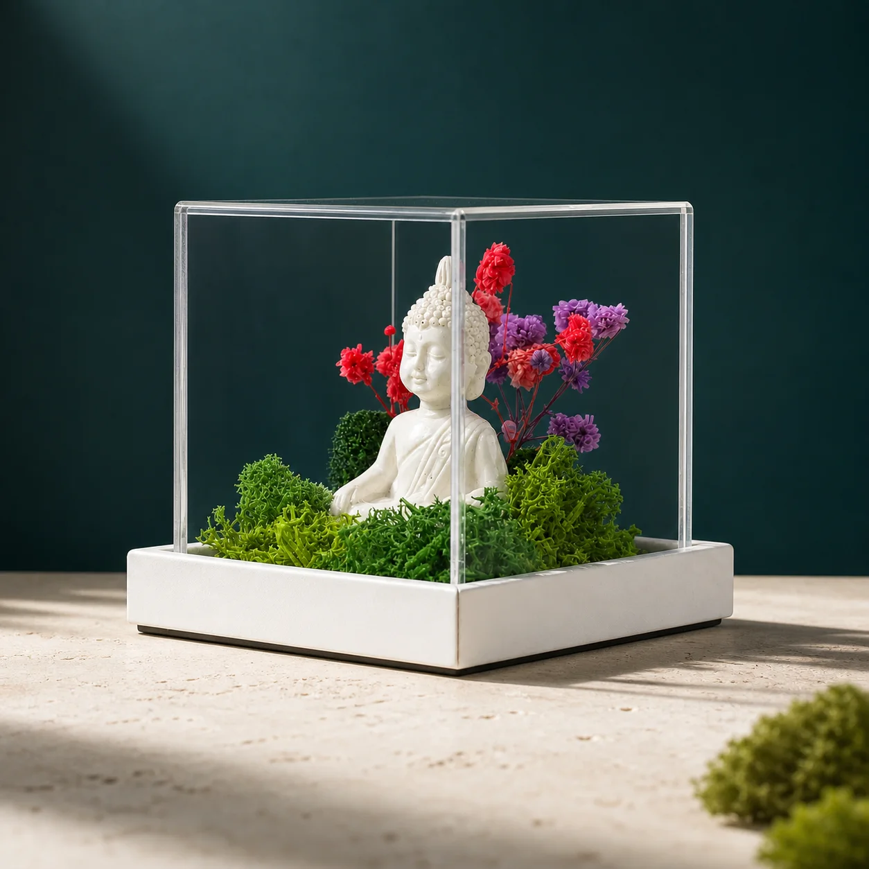 Preserved botanical Buddha arrangement in a clear acrylic display case