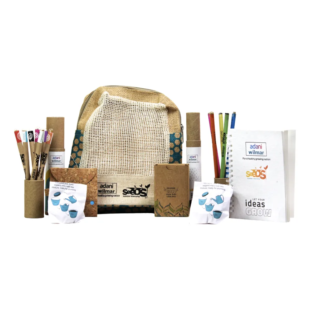 Adani Wilmar SeeDS internship kit with jute backpack, seed pens and seed-paper notebook by bioQ