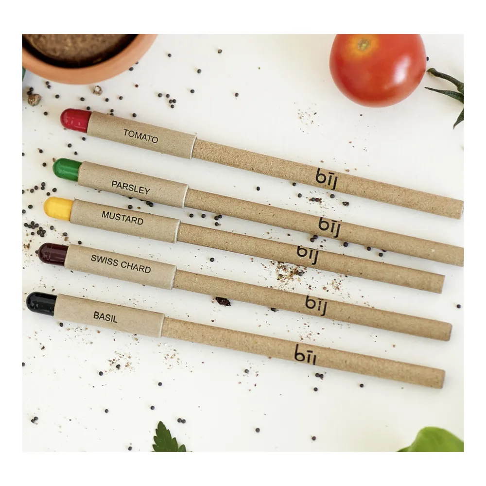 bij plantable seed pens labelled tomato, parsley, mustard, swiss chard and basil, manufactured by bioQ