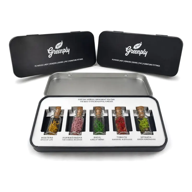 Forest vial tin for Greenply — corporate gifting project by bioQ