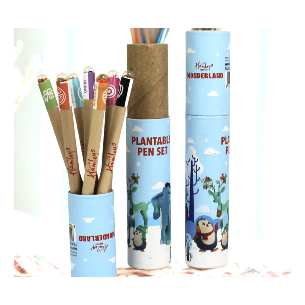 Hamleys Wonderland plantable colouring seed pen set in illustrated retail tubes, made by bioQ