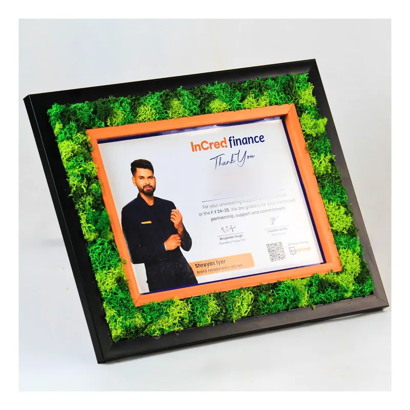 Personalised moss frames for InCred — corporate gifting project by bioQ
