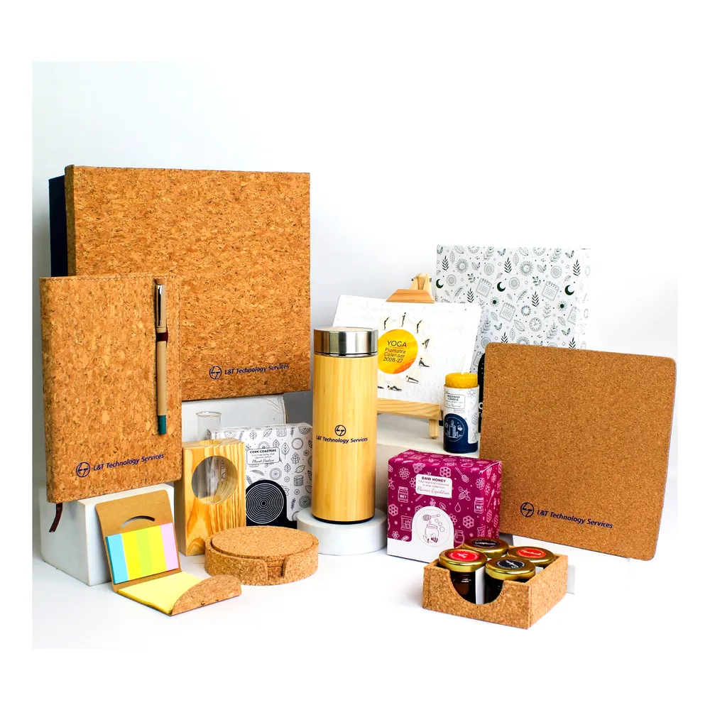 L&T Technology Services cork and bamboo corporate gift kit with plantable calendar, made by bioQ