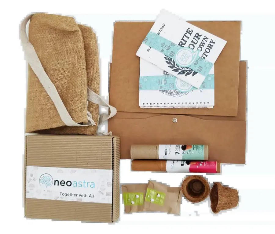 Neo Astra custom eco gift kit with jute bag, seed pens and grow kit by bioQ