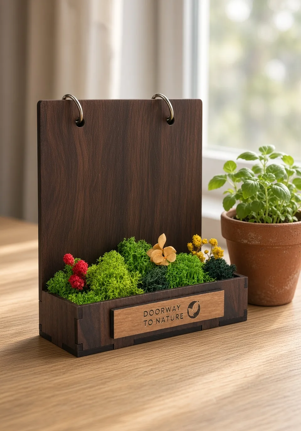 The stand after the calendar year: empty rings, the moss garden and the engraved plate, beside a pot of seedlings