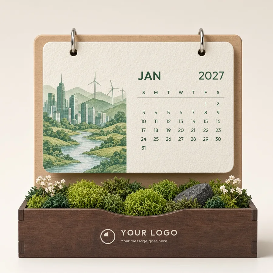Concept: a wide landscape stand in natural wood with a green city illustration and a long walnut tray