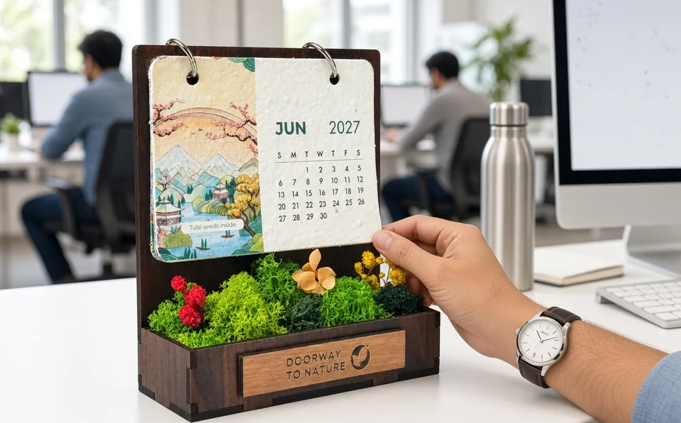 A hand turning the calendar sheet on a white desk in a bright office