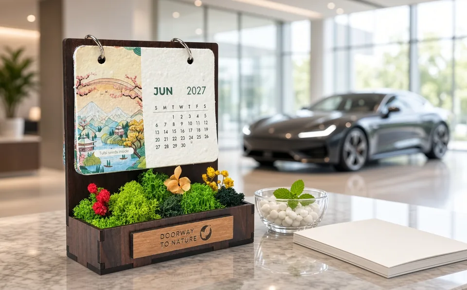 The calendar on the stone reception counter of a car showroom