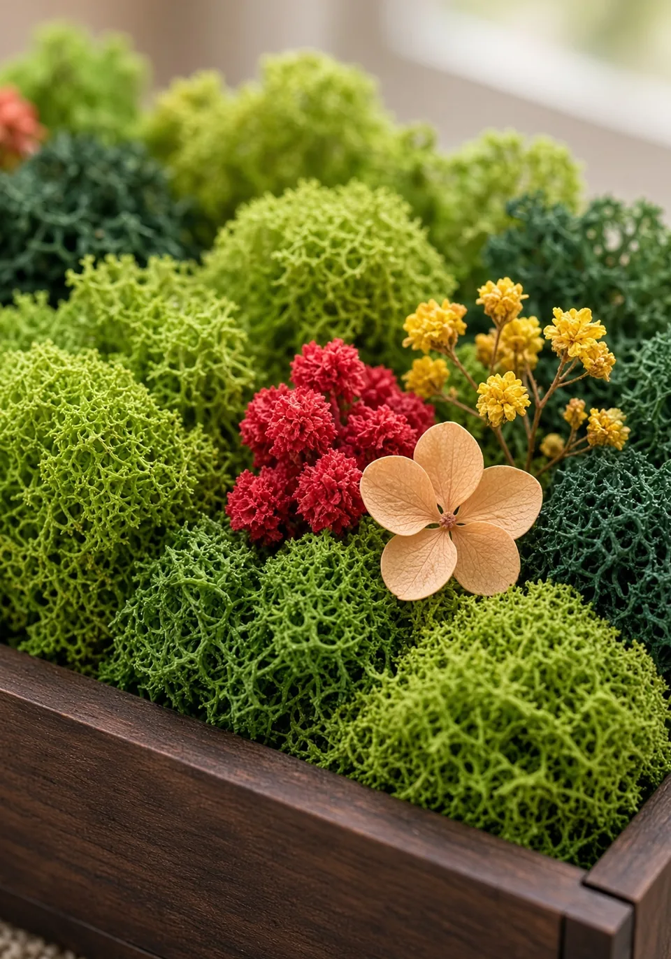 Close-up of preserved reindeer moss in three greens with red, peach and yellow preserved flowers in a walnut-tone tray