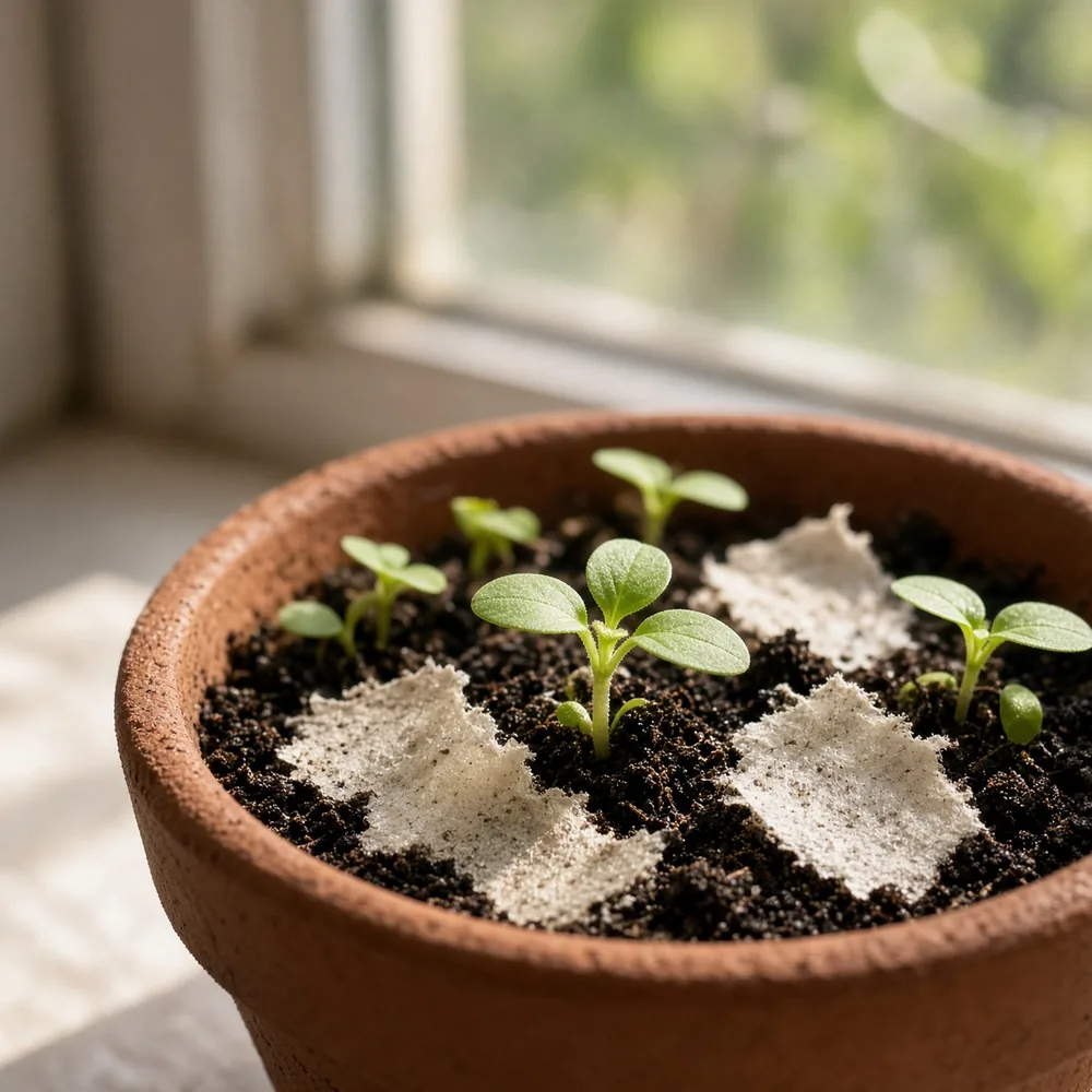 Young seedlings rising from soil in a terracotta pot, with scraps of seed paper breaking down around them