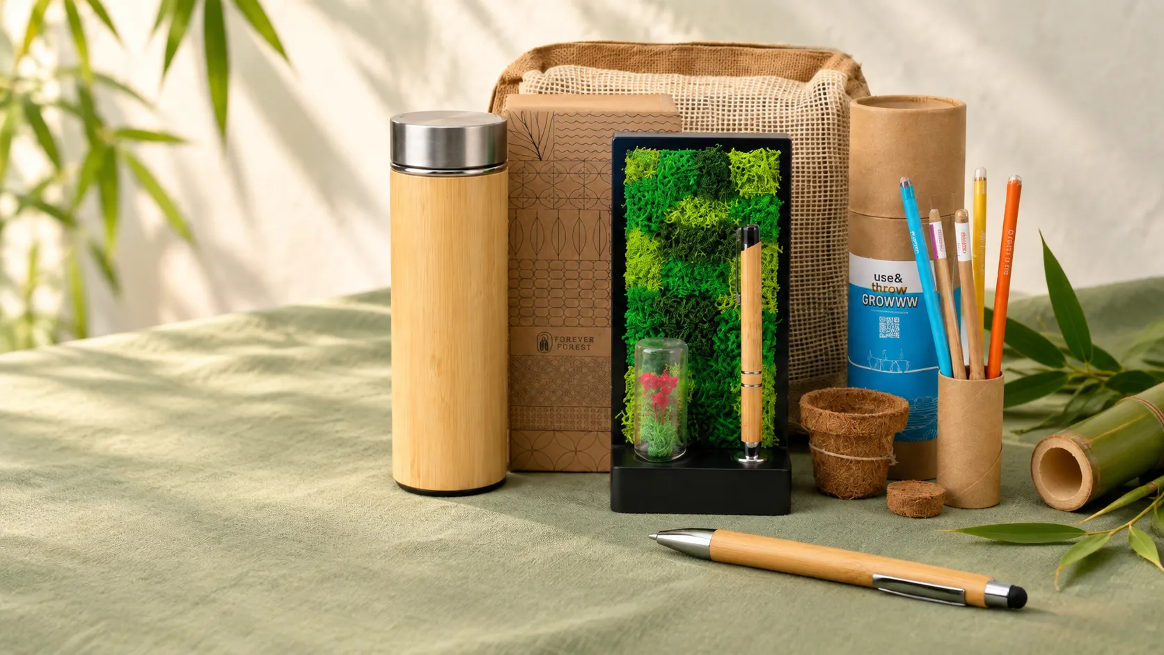 A bamboo bottle with a Forever Forest pen stand and grow kit in a jute pouch, and a bamboo stylus pen, on sage linen with bamboo leaves
