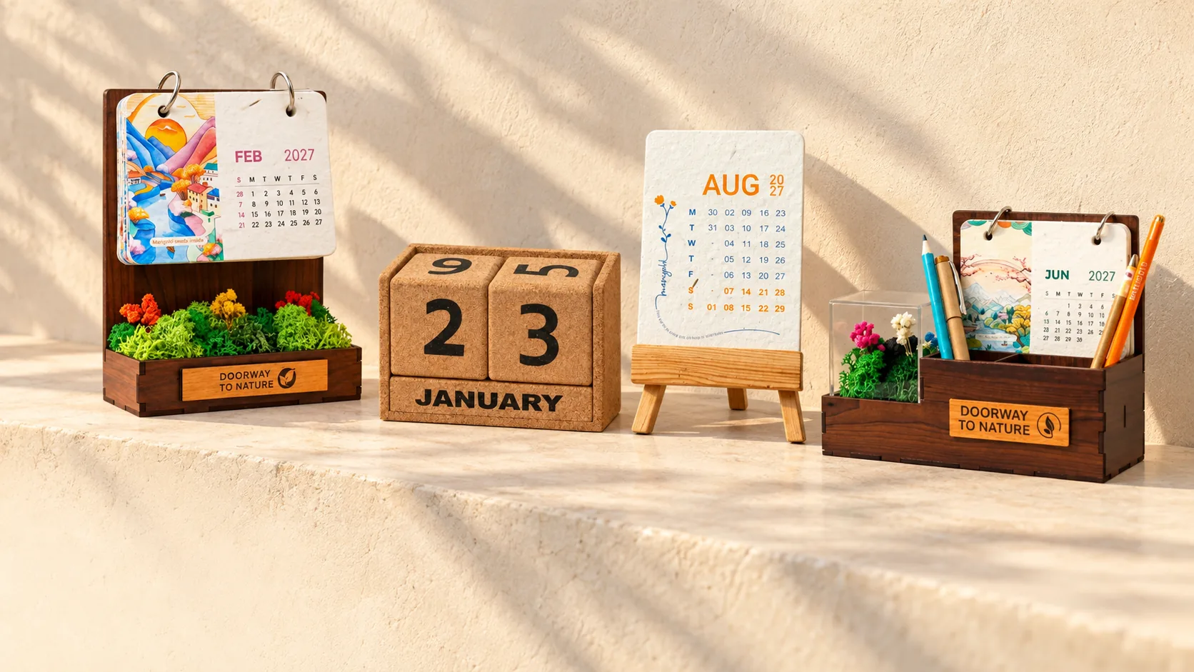 Four calendars on a stone ledge in afternoon light: a walnut desk calendar with moss, a cork block calendar, a plantable calendar on a wooden easel and a desk organiser with a calendar and pencils
