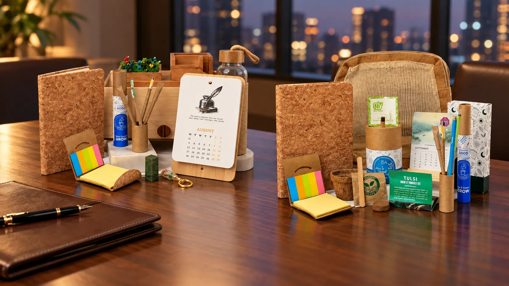 Two desk gift sets for clients on a walnut boardroom table at evening, with a leather folder and a fountain pen