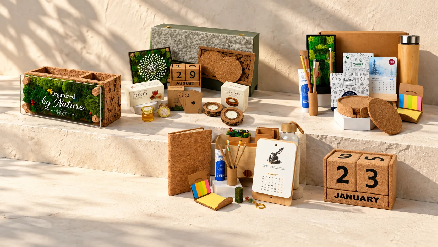 Five cork pieces on a stone ledge: a cork and moss organiser, a cork trunk set, a bottle desk gift box, a desk set and a cork block calendar