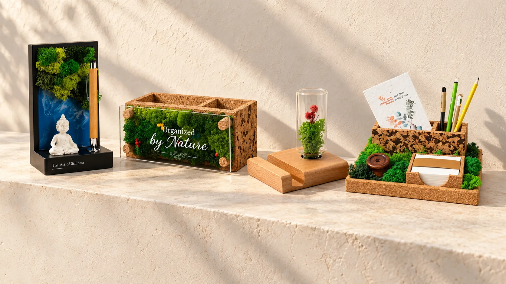 Four desk organisers on a stone ledge: a Buddha stand with a pen, a cork organiser with moss, a mobile stand with a small terrarium and a cork tray with pens and notes