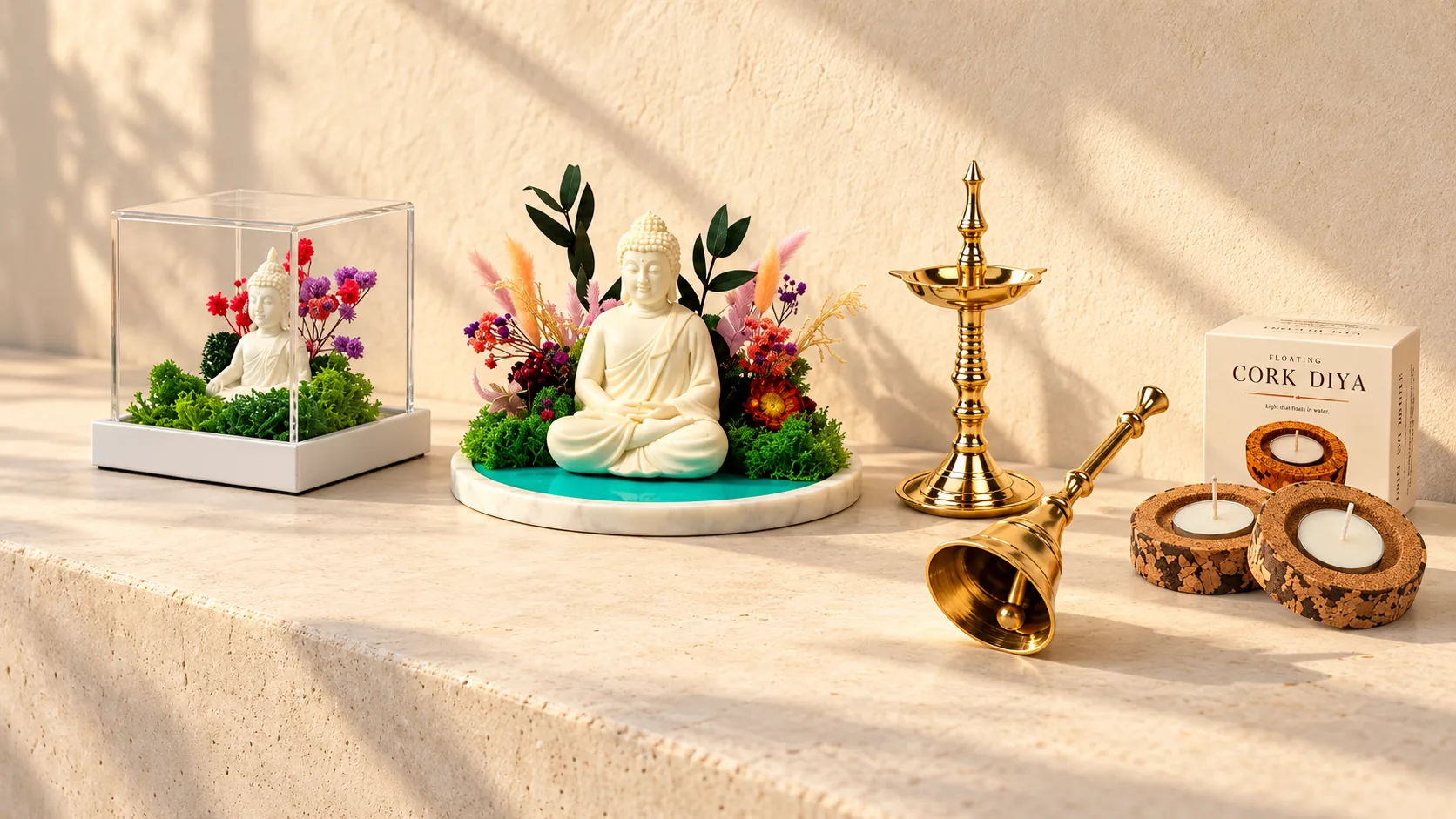 Five pieces on a stone ledge: a Buddha in a glass cube with preserved flowers, a Buddha on a marble tray, a brass lamp, a brass bell and two floating cork diyas