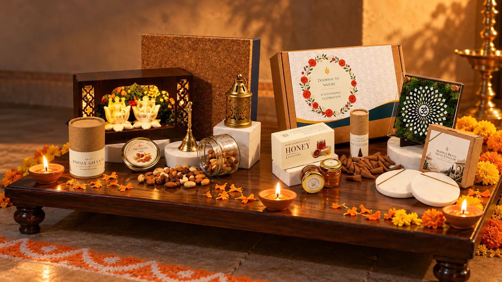 The Aranya Cork Chest and the Blessing and Marble Box on a wooden chowki at dusk, with lit clay diyas and marigold petals