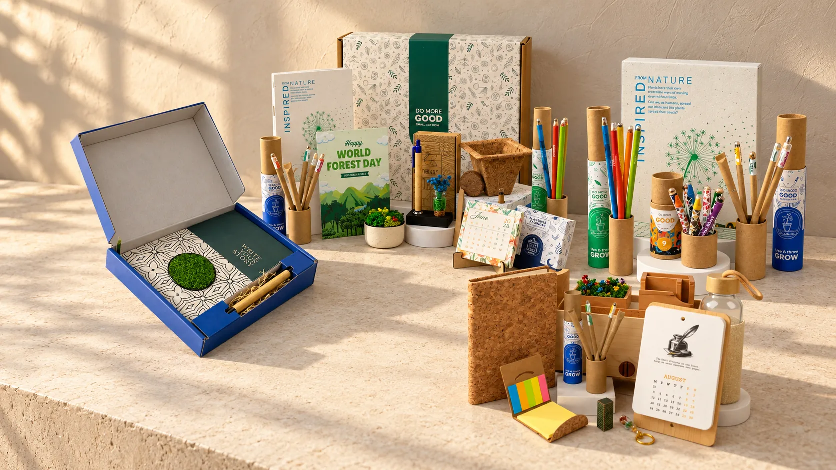 Four eco stationery kits on a stone ledge: a diary box with a bamboo pen, a cork and bamboo desk set, a grow activity box and a plantable stationery combo