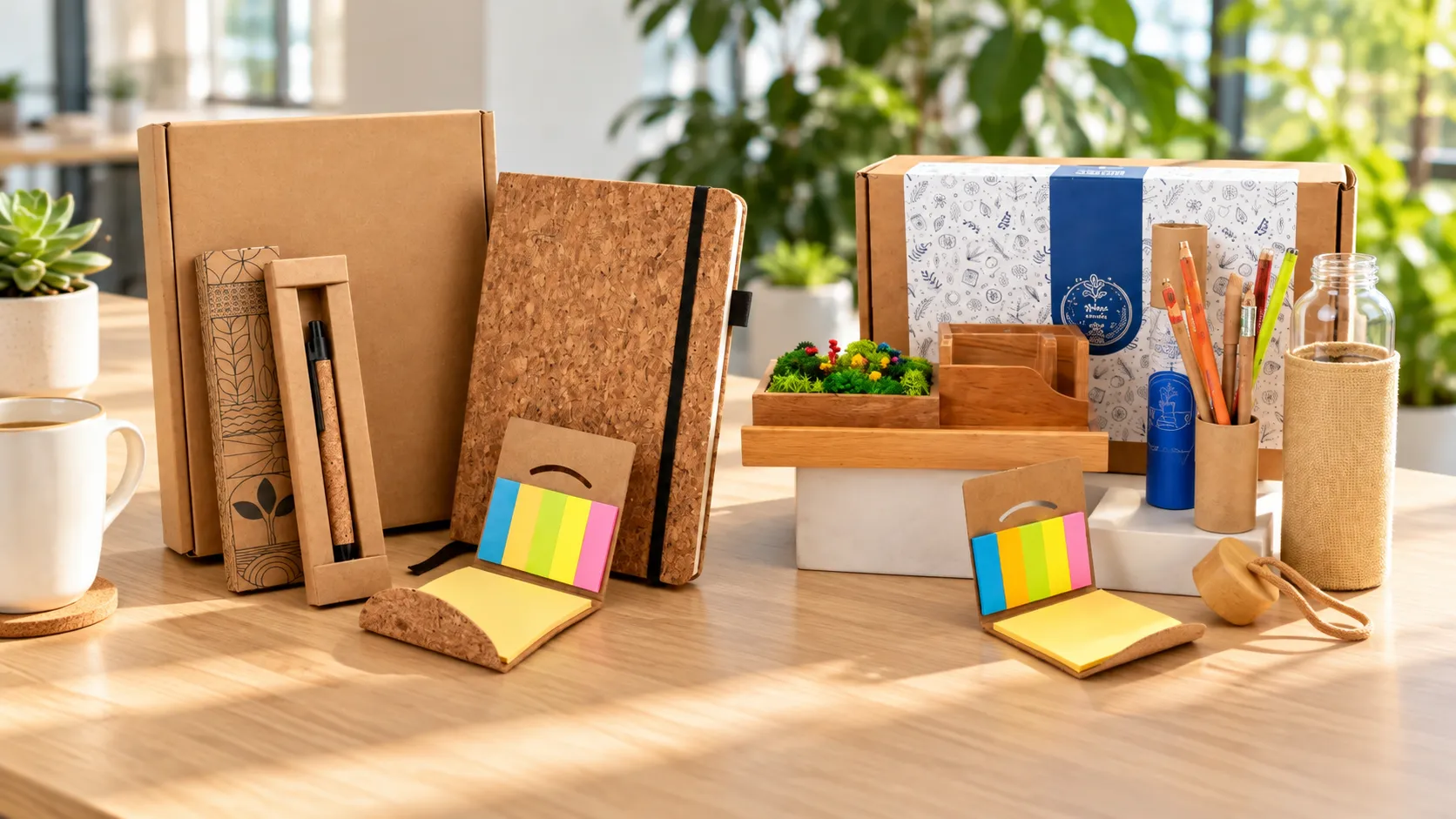 A cork diary, pen and sticky notes box and a Forest Haven desk kit on an office counter, with a mug and a succulent