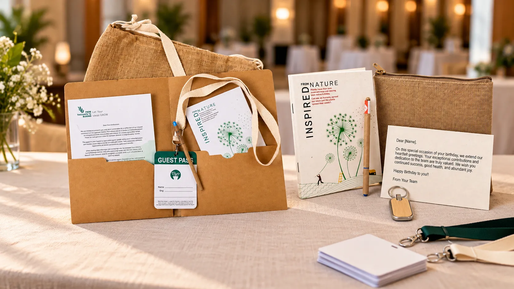 A conference essentials kit and a plantable jute pouch giveaway on a registration table, with blank name badges
