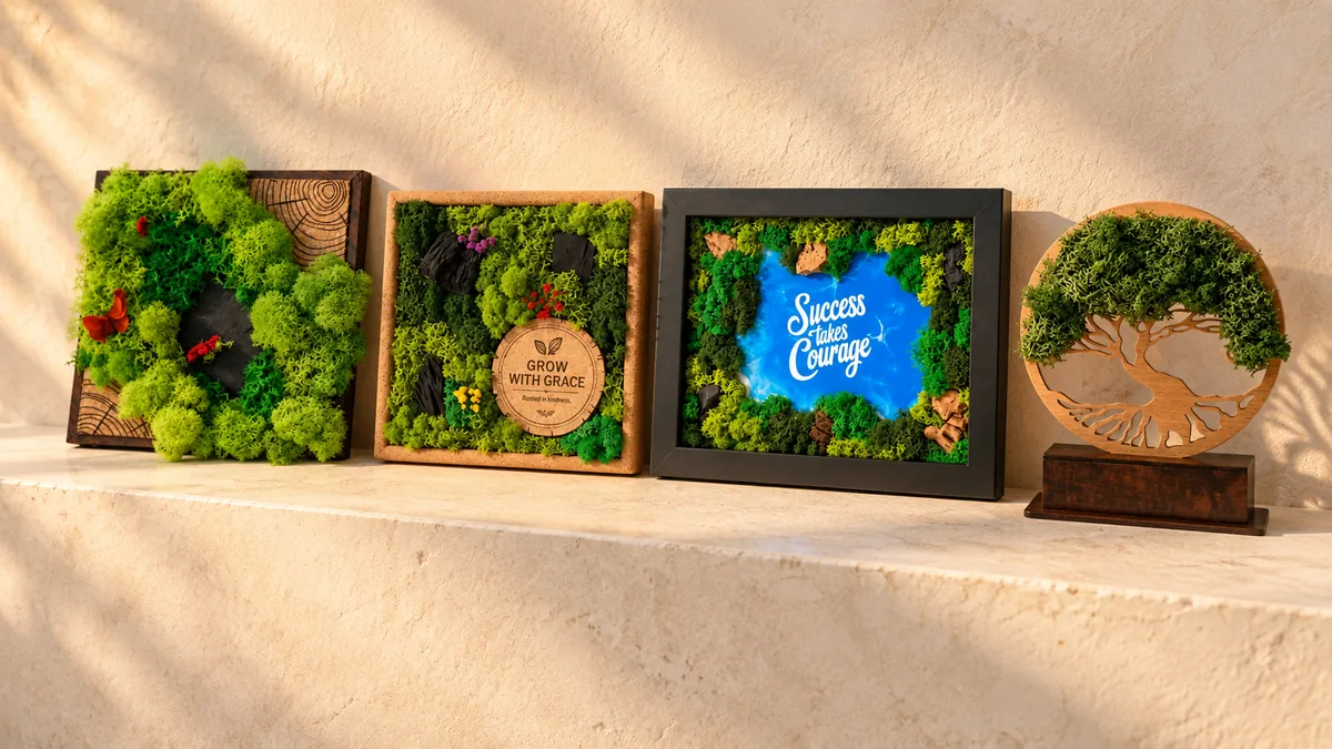 Four Forever Forest pieces on a stone ledge: a moss tile, a cork frame, a black frame and the tree-of-life award