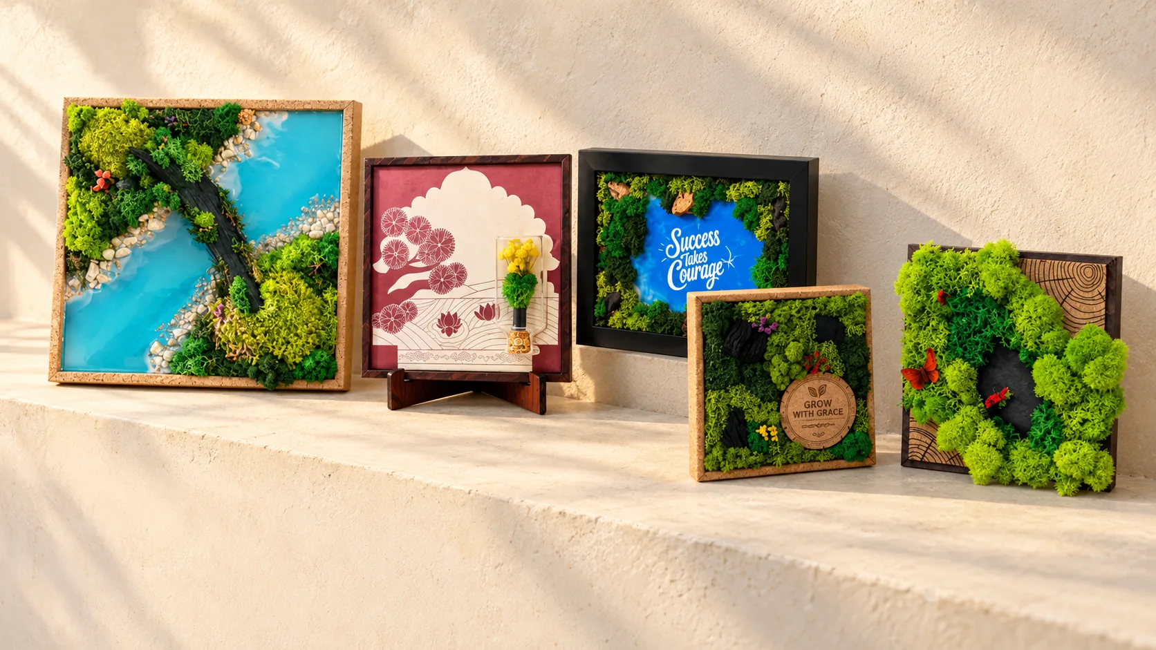 Five framed pieces on a stone ledge: a cork frame with a river of resin, a framed paper cut-out with a flower, a black frame, a cork frame and a wooden moss tile