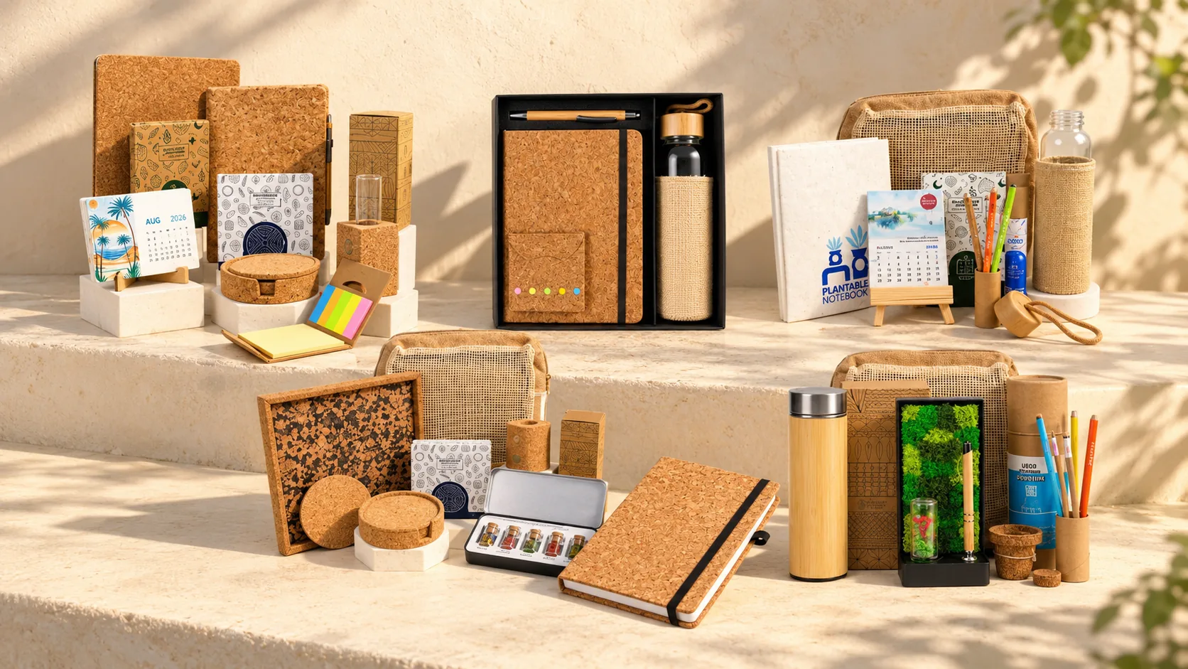 Six cork, jute and bamboo gift sets on a stone ledge, with their notebooks, bottles, pens and pouches
