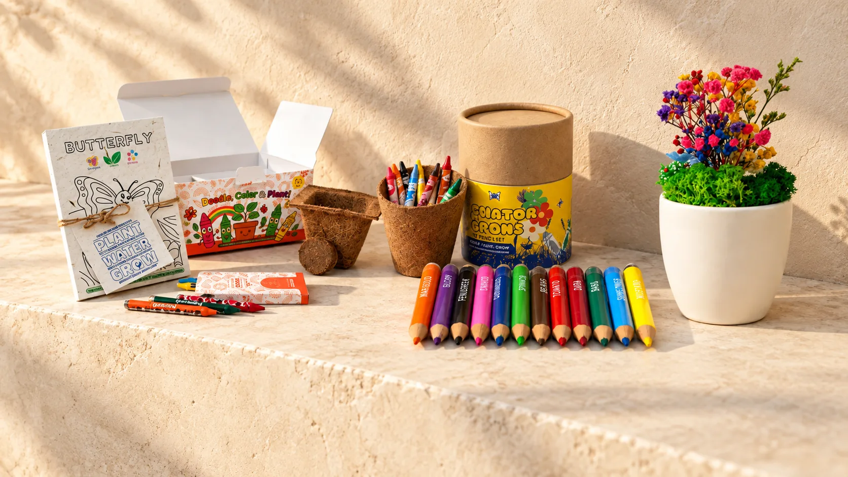 Four colour-and-grow kits on a stone ledge: a butterfly craft kit, a crayon and pot tube, a pencil set and a ceramic pot of dried flowers