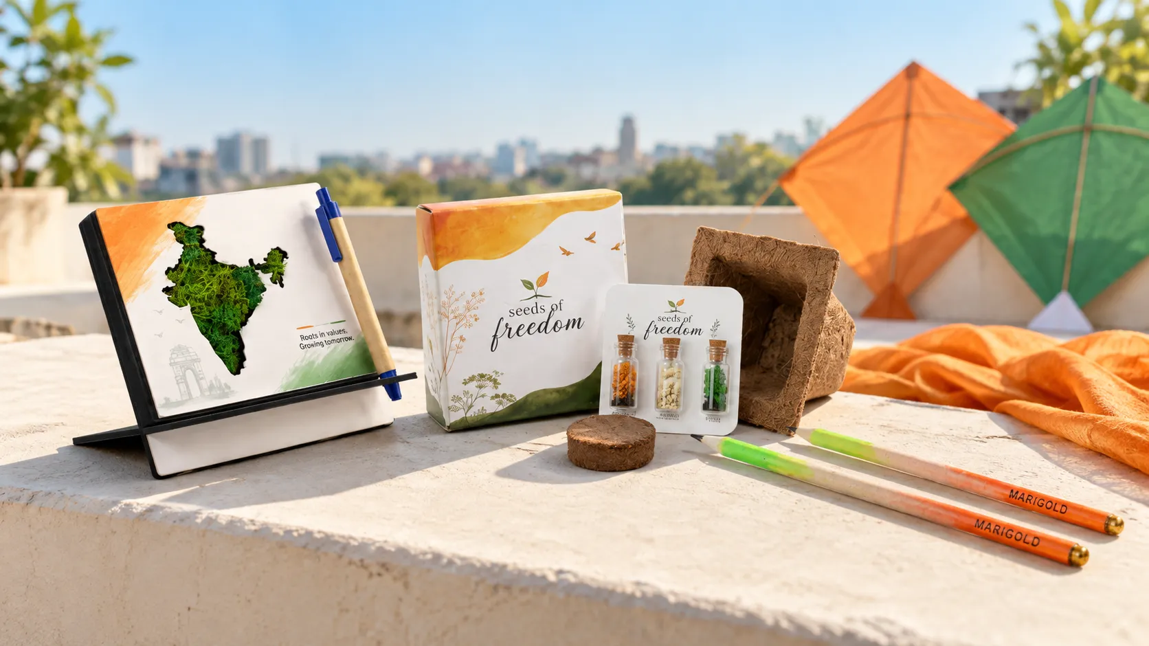 An India-shaped pen stand with preserved plants, a Seeds of Freedom grow kit and tricolour plantable pencils on a sunlit terrace, with paper kites