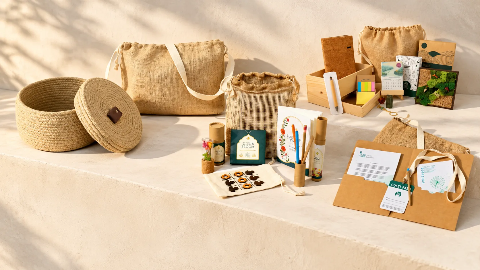 Five jute pieces on a stone ledge: a rope basket with a lid, a sling bag, a welcome kit in a jute pouch, a drawstring bag with a pencil tube and a kit in a jute pouch
