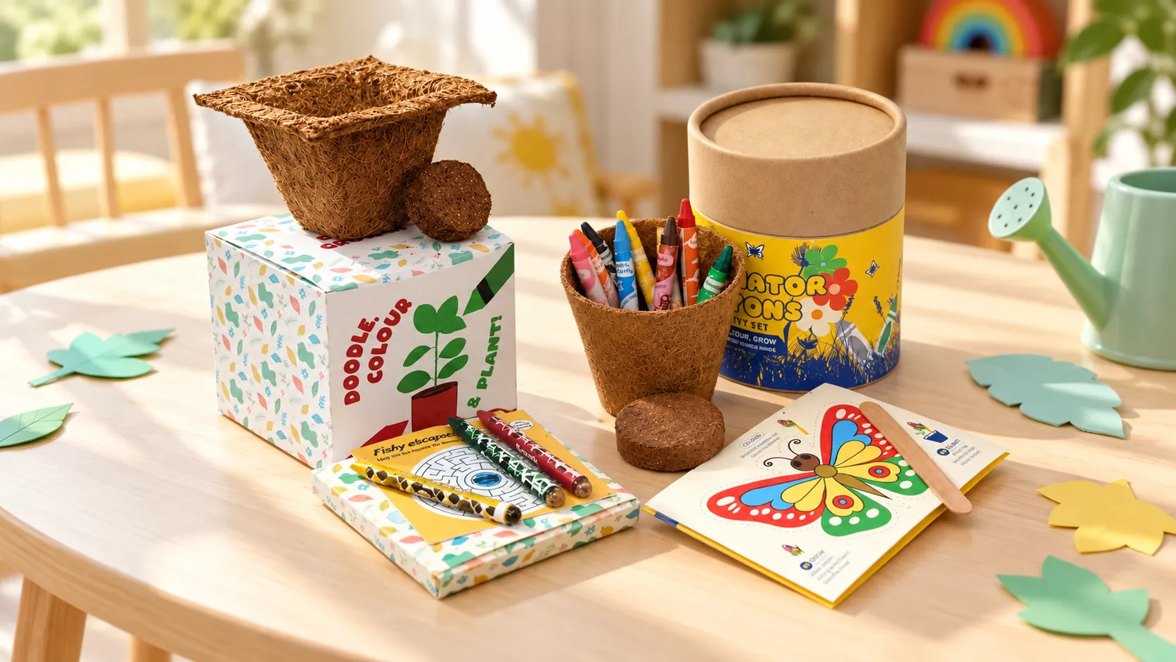 A butterfly grow craft kit and a colour and plant crayon kit on a low play table, with paper leaves and a watering can