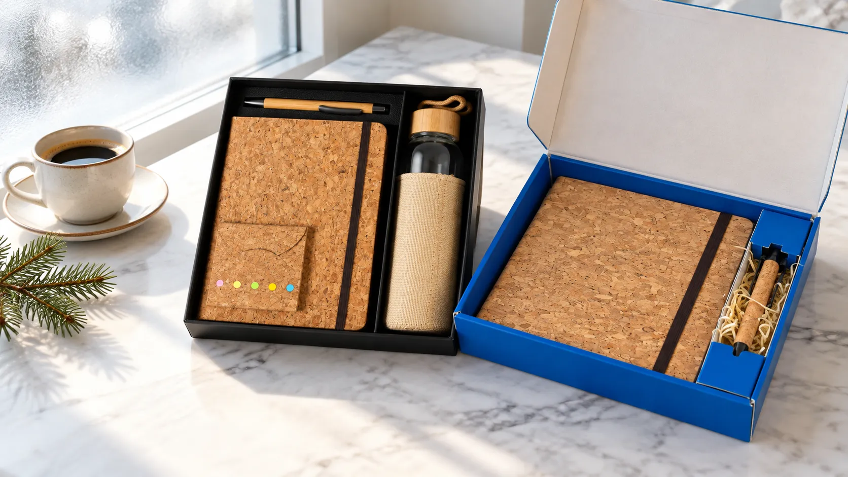 A cork diary and bottle desk set and a cork diary and pen gift box on a marble desk by a frosted window, with a cup of coffee