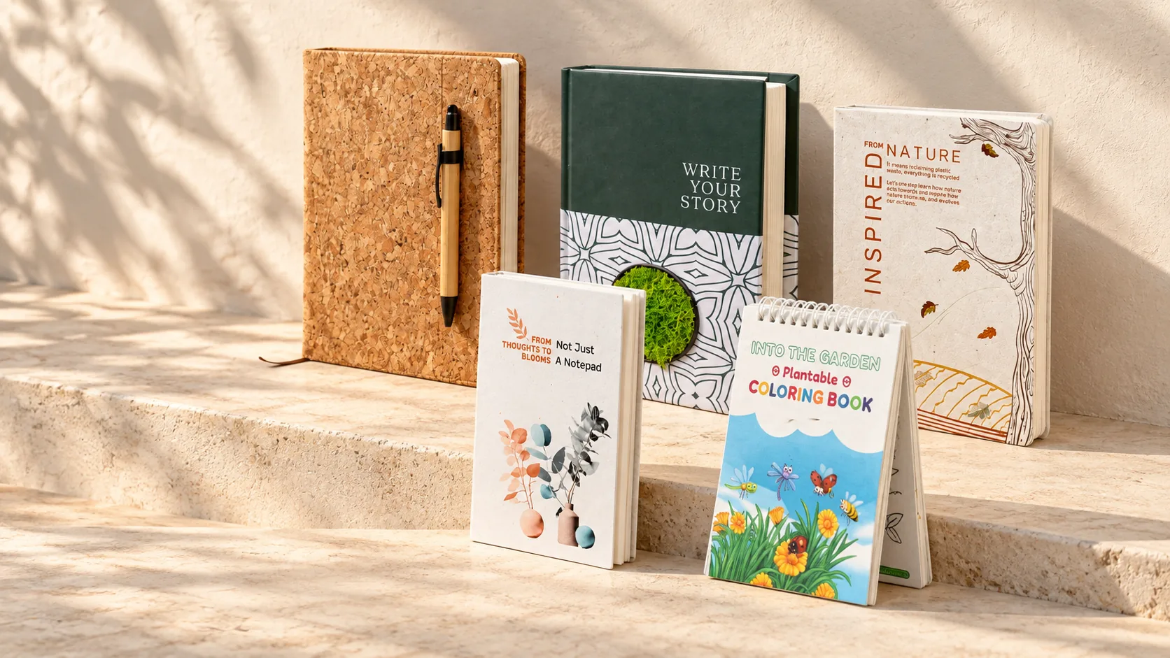 Five notebooks standing on a stone ledge: a cork diary, a Forever Forest diary, a seed-paper diary, a plantable notepad and a seed-paper colouring book