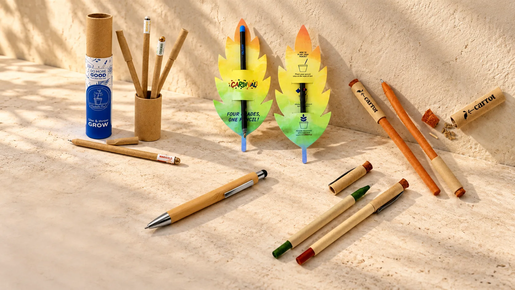 Five pens and pencils on a stone ledge: a plantable pen set in a tube, leaf-shaped seed pencils, carrot pencils, a bamboo stylus pen and a paper pen