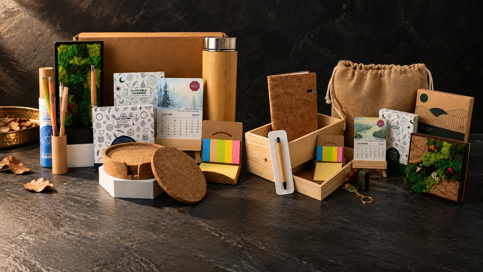 A forest bottle desk gift box and a desk welcome kit on black slate in low light, with dried leaves